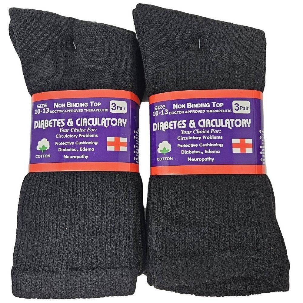 Diabetic Socks Men Women Cotton Non Binding Top Cushion Crew Socks, Black 6-Pack